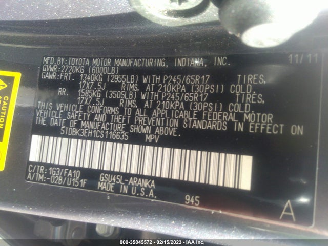 2012 TOYOTA HIGHLANDER VIN: 5TDBK3EH1CS116635