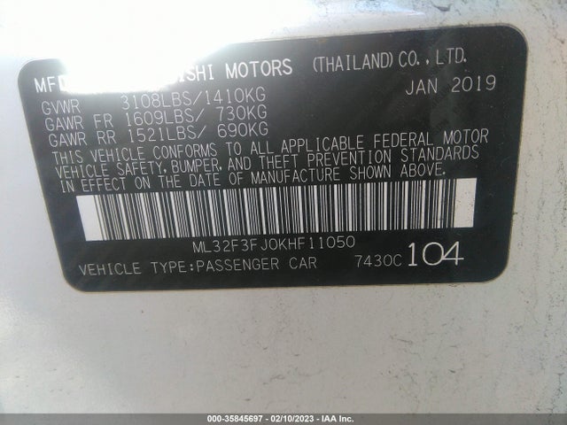 2019 MITSUBISHI MIRAGE G4 ES/RF VIN: ML32F3FJ0KHF11050