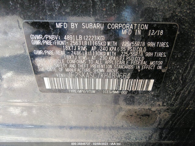 2019 Subaru Forester, VIN: JF2SKASC7KH489664