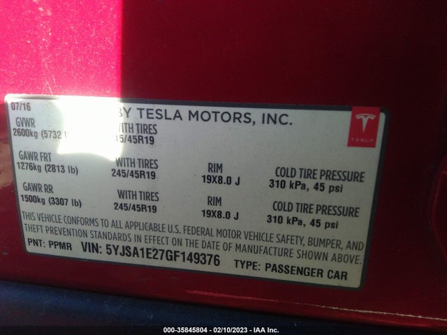 Tesla Model S 90d/70d/75d/60d/85d 2016 5YJSA1E27GF149376 Image 11
