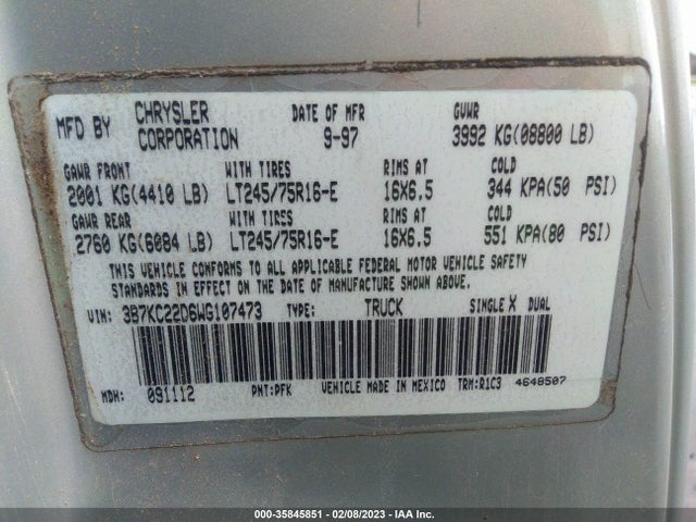 1998 DODGE RAM 2500 VIN: 3B7KC22D6WG107473