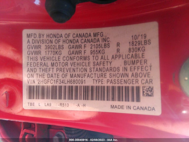 2020 Honda Civic, VIN: 2HGFC1F34LH680091
