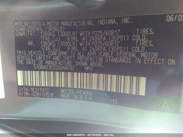 2005 TOYOTA SIENNA LE VIN: 5TDBA23C55S048797