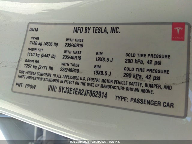 Tesla Model 3 Range Battery 2018 5YJ3E1EA2JF062914 Image 9