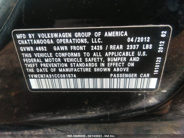2012 VOLKSWAGEN PASSAT TDI SEL PREMIUM VIN: 1VWCN7A31CC081574
