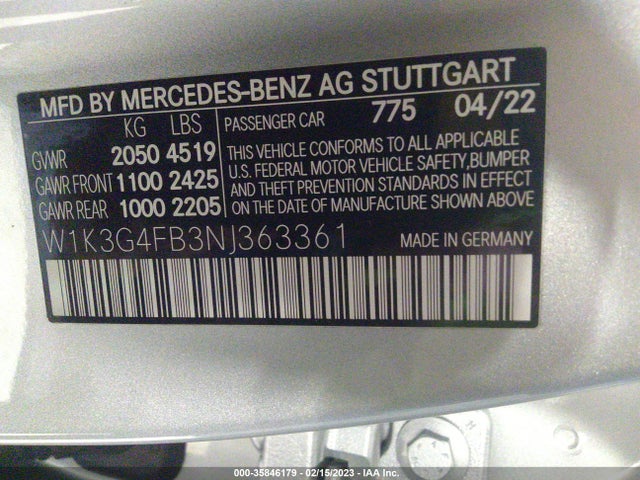 2022 Mercedes-Benz A-Class, VIN: W1K3G4FB3NJ363361