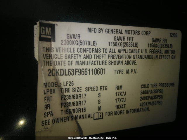 2006 PONTIAC TORRENT VIN: 2CKDL63F966110601