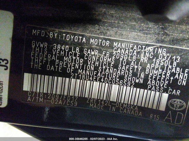 2013 TOYOTA COROLLA L/LE/S VIN: 2T1BU4EE4DC056592
