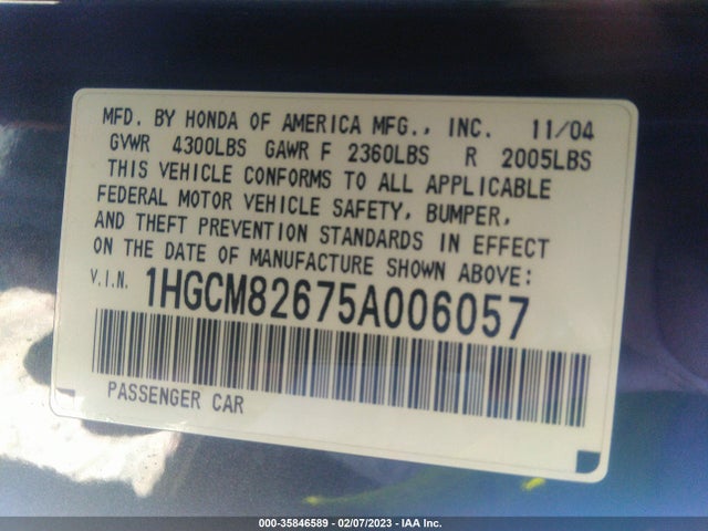 Продажа на аукционе авто 2005 Honda Accord Cpe Ex-l V6, vin: 1HGCM82675A006057, номер лота: 35846589