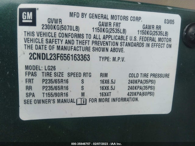 2005 CHEVROLET EQUINOX LS VIN: 2CNDL23F656163363