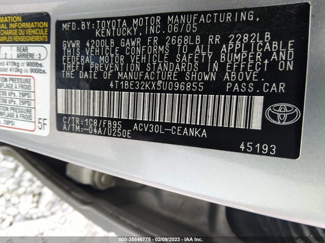 2005 TOYOTA CAMRY STD/LE/SE/XLE VIN: 4T1BE32KX5U096855