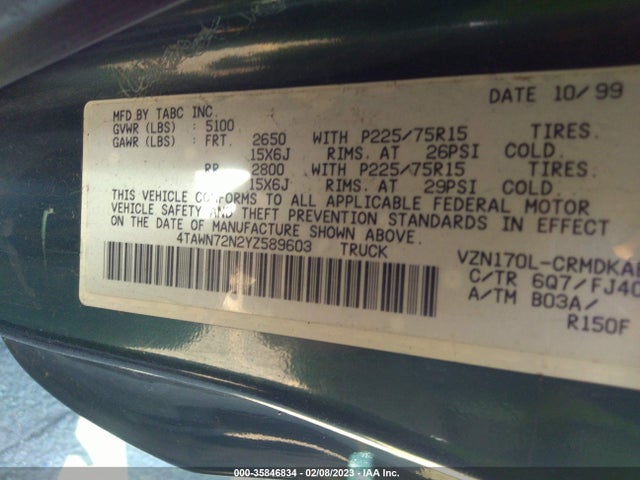 2000 TOYOTA TACOMA VIN: 4TAWN72N2YZ589603