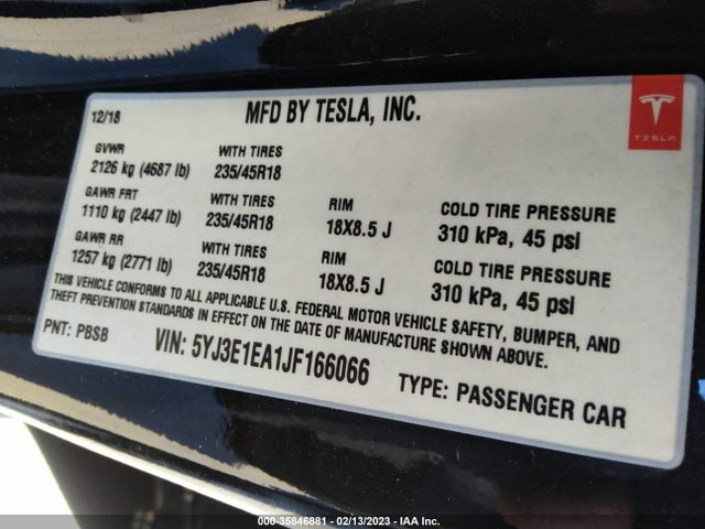2018 Tesla 3, VIN: 5YJ3E1EA1JF166066