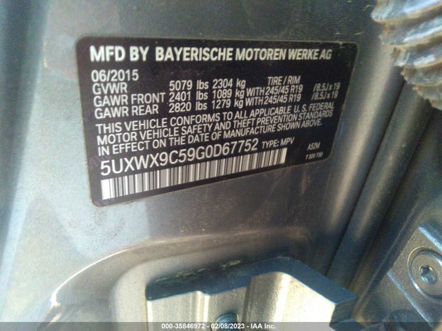 BMW X3 Xdrive28i 2016 5UXWX9C59G0D67752 Image 9