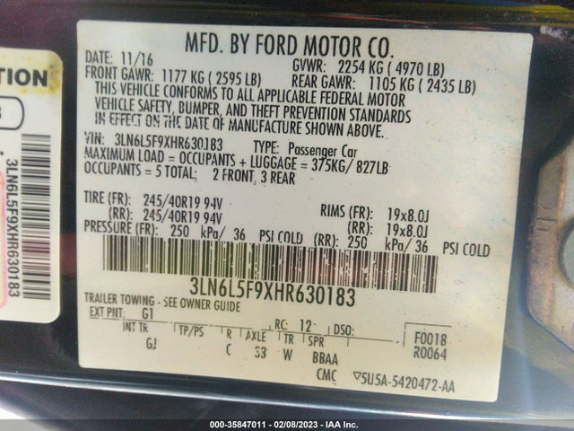 2017 Lincoln MKZ, VIN: 3LN6L5F9XHR630183