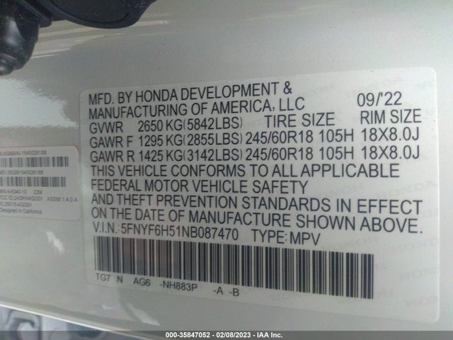 Honda Pilot Ex-l 2022 5FNYF6H51NB087470 Image 9