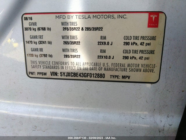5YJXCBE43GF012880 Tesla Model X P90d/75d/p100d