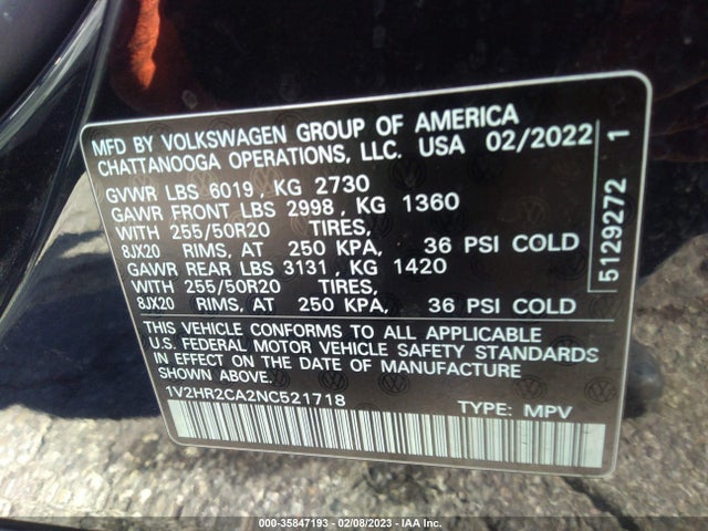 2022 Volkswagen Atlas, VIN: 1V2HR2CA2NC521718