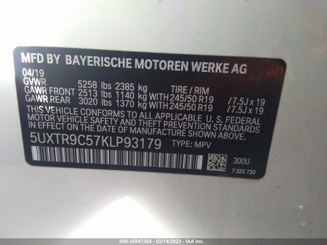 2019 BMW X3 XDRIVE30I VIN: 5UXTR9C57KLP93179
