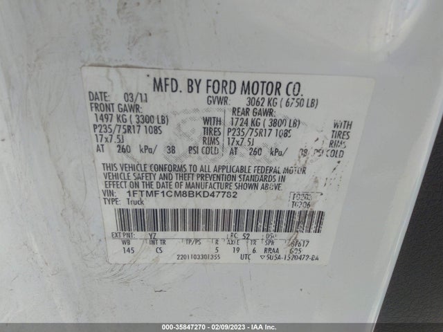 2011 FORD F-150 XL/STX/XLT VIN: 1FTMF1CM8BKD47782