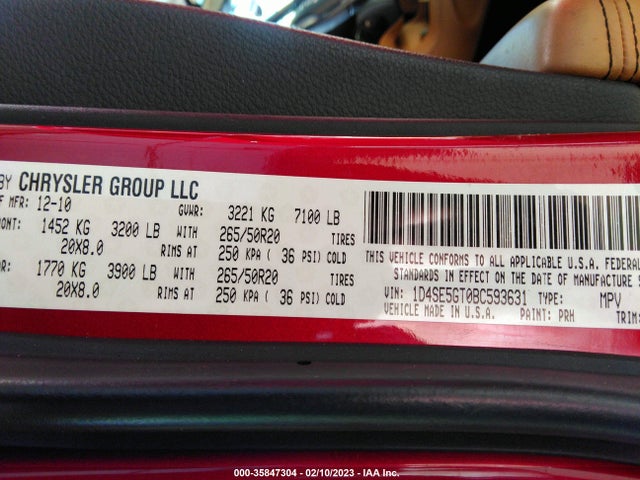 2011 DODGE DURANGO CITADEL VIN: 1D4SE5GT0BC593631