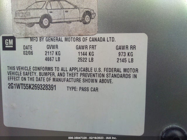 2006 CHEVROLET IMPALA LT 3.5L VIN: 2G1WT55K269328391