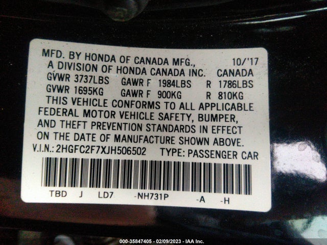 2018 HONDA CIVIC SEDAN EX VIN: 2HGFC2F7XJH506502
