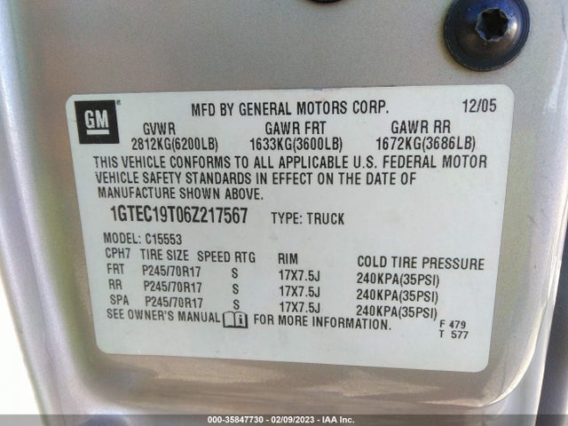2006 GMC SIERRA 1500 SLE2 VIN: 1GTEC19T06Z217567