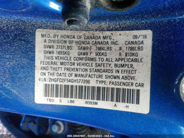 2016 HONDA CIVIC SEDAN LX VIN: 2HGFC2F54GH577296