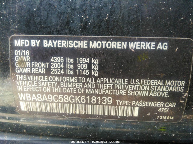 2016 BMW 3 SERIES 320I VIN: WBA8A9C58GK618139