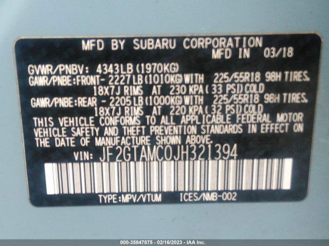 JF2GTAMC0JH321394 Subaru Crosstrek Limited