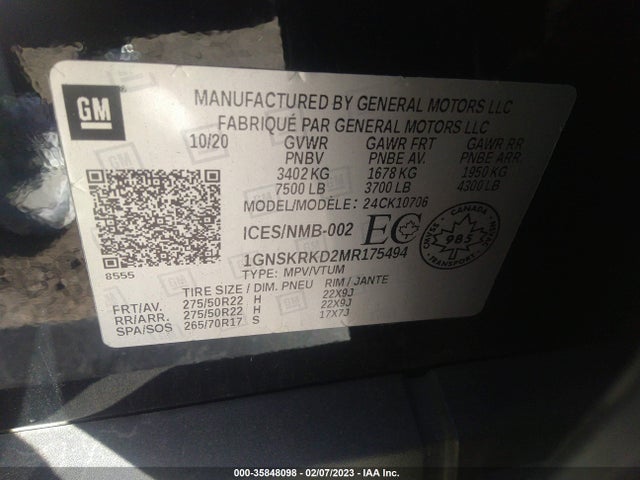 2021 Chevrolet Tahoe, VIN: 1GNSKRKD2MR175494