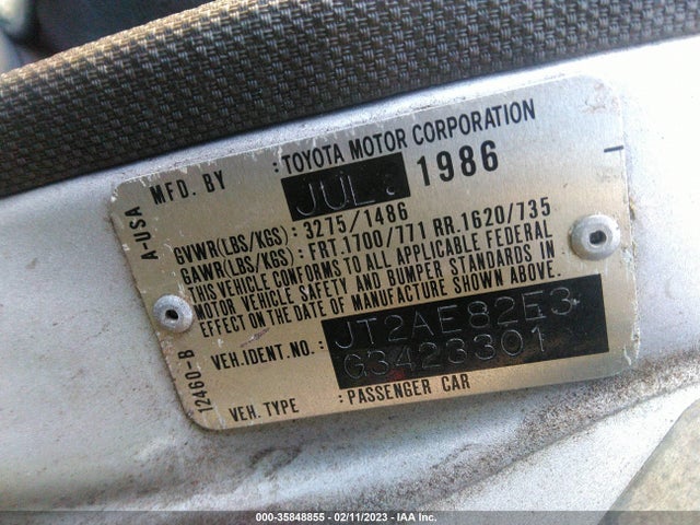 1986 TOYOTA COROLLA DLX VIN: JT2AE82E3G3423301