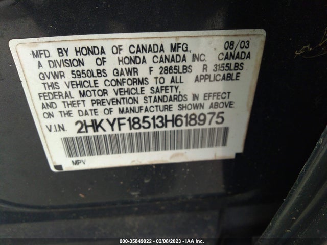 2003 HONDA PILOT EX VIN: 2HKYF18513H618975