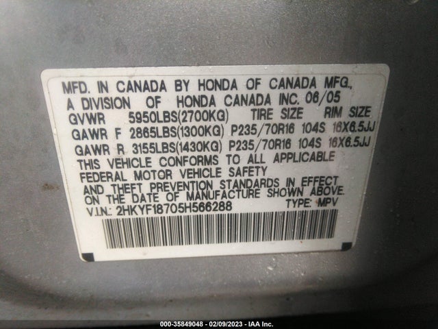 2005 HONDA PILOT EX-L WITH NAVI VIN: 2HKYF18705H566288