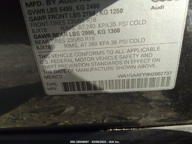 WA1GAAFY9N2002737 Audi Q5 S Line Premium