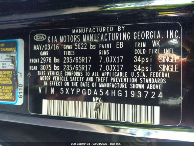5XYPGDA54HG193724 KIA Sorento Lx V6