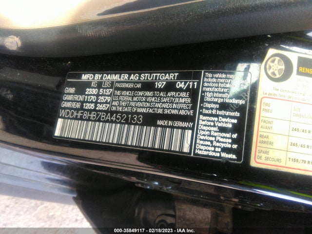2011 MERCEDES-BENZ E-CLASS E 350 VIN: WDDHF8HB7BA452133