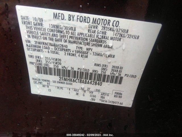 2010 FORD FLEX SEL W/ECOBOOST VIN: 2FMHK6CT8ABA42840