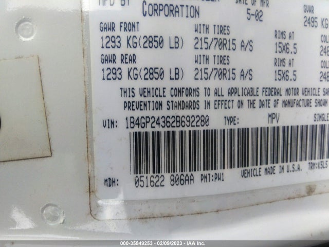 2002 DODGE GRAND CARAVAN SE VIN: 1B4GP24362B692280