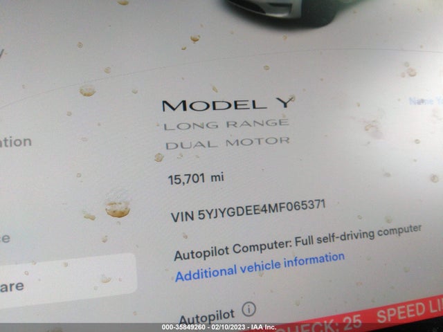 2021 TESLA MODEL Y LONG RANGE VIN: 5YJYGDEE4MF065371