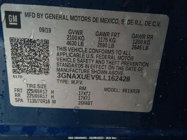 Chevrolet EQUINOX LT 2020 3GNAXUEV9LL162428 Image 9