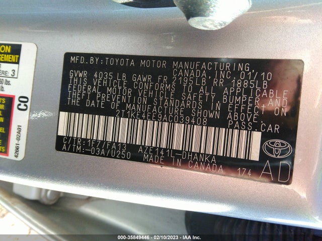 2010 TOYOTA MATRIX S VIN: 2T1KE4EE9AC039408
