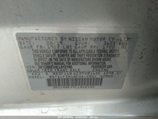 3N1CN8EV4LL812185 Nissan VERSA SV