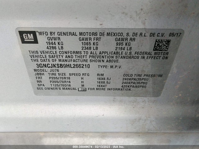 Chevrolet TRAX LS 2017 3GNCJKSB9HL266210 Image 9