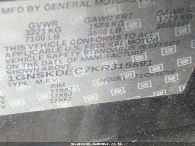 2019 Chevrolet Tahoe, VIN: 1GNSKDEC7KR315591