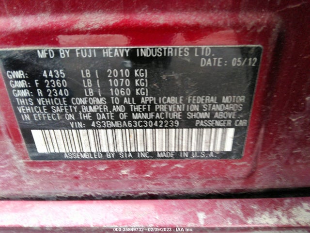 2012 SUBARU LEGACY 2.5I VIN: 4S3BMBA63C3042239