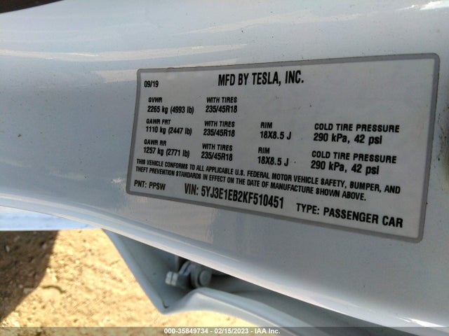 Tesla Model 3 Long Range/performance 2019 5YJ3E1EB2KF510451 Image 9