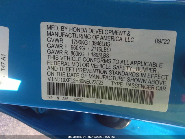 2022 Honda Civic, VIN: 19XFL2H80NE022523