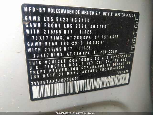2018 VOLKSWAGEN TIGUAN SEL/SE VIN: 3VV2B7AX2JM216441